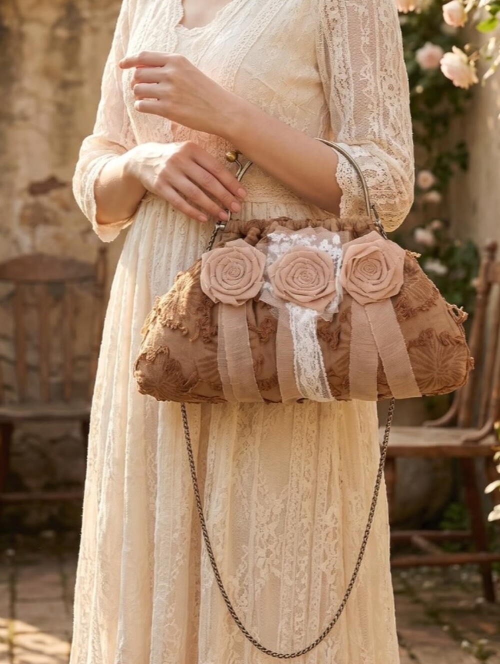 Romantic Rose Appliqué Brown Shoulder Bag Detachable FLOWER
